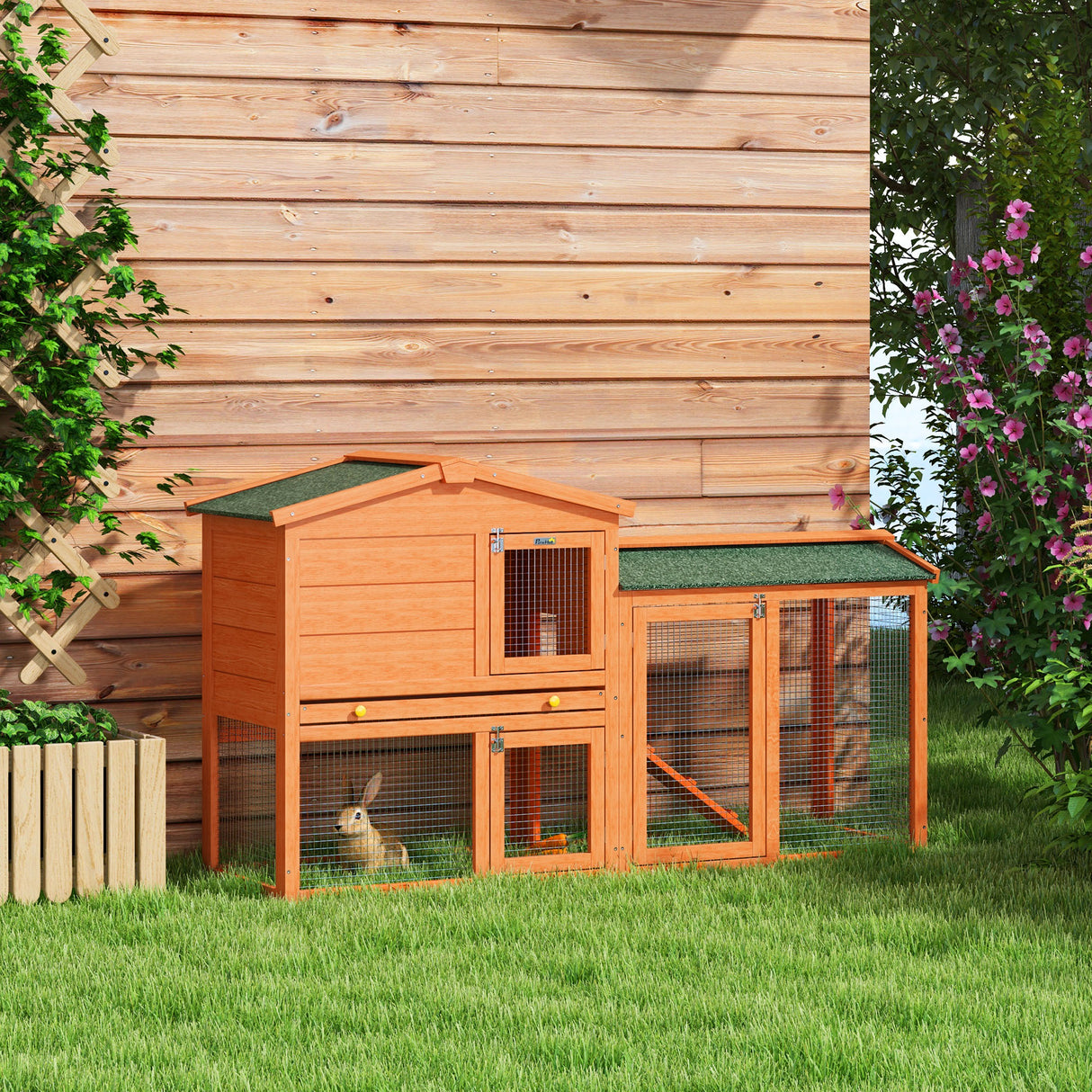 easycomfort easycomfort conigliera a 2 piani da esterno in legno di abete e filo di metallo 150x45x85 cm arancione