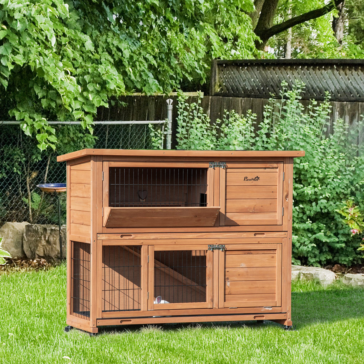 easycomfort easycomfort conigliera in legno a 2 livelli con ruote vassoio estraibile e rampa 122x50x101cm