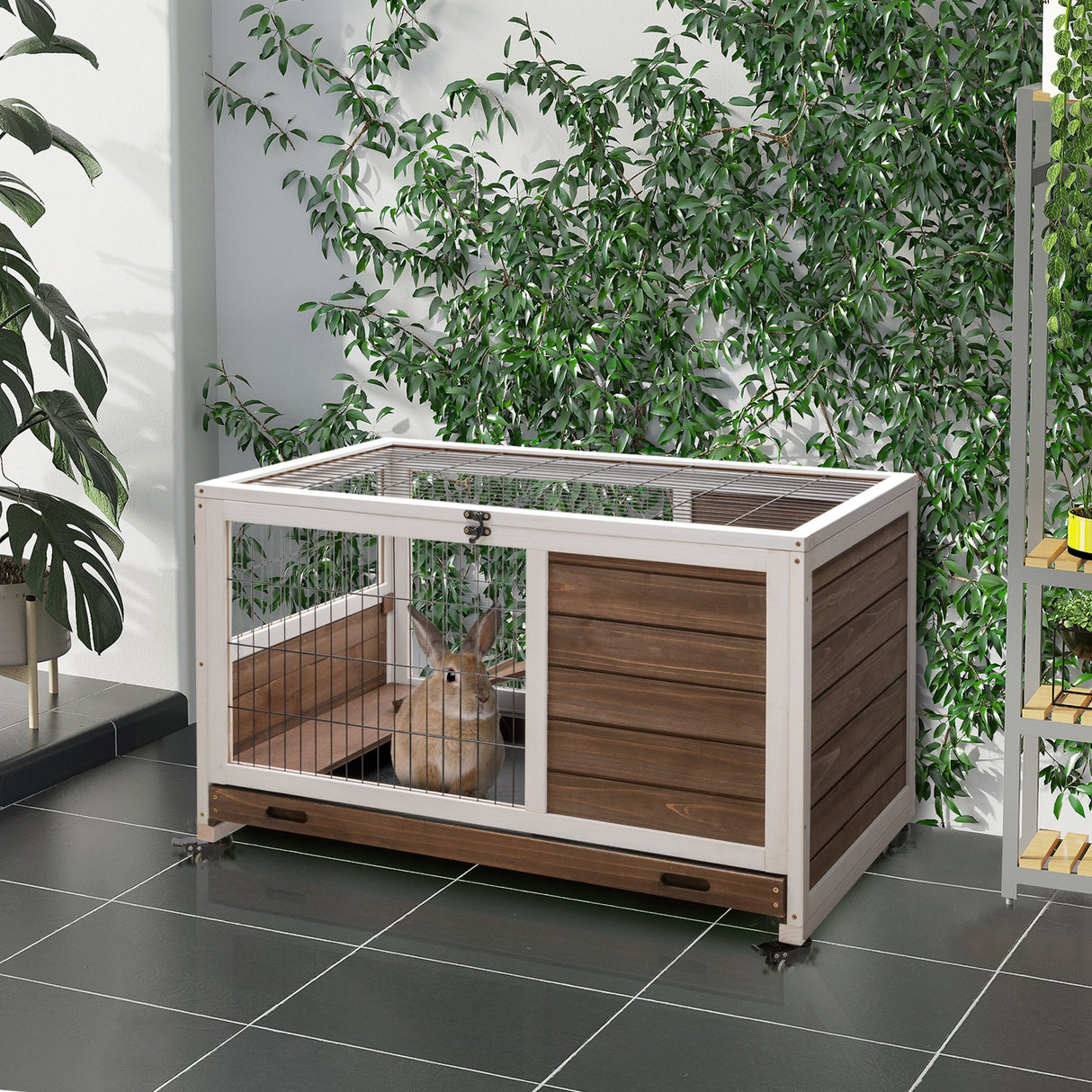 easycomfort easycomfort conigliera in legno con 4 ruote casetta per conigli e rampa 90x53x59cm marrone
