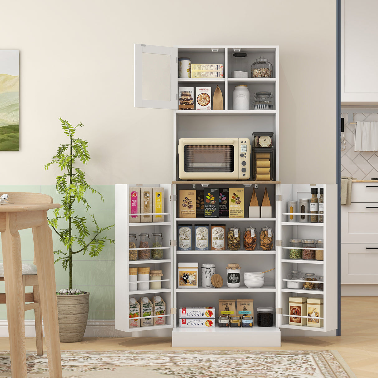 easycomfort easycomfort dispensa da cucina porta microonde con ripiani aperti e armadietto con portaspezie 60x35x169 cm bianco