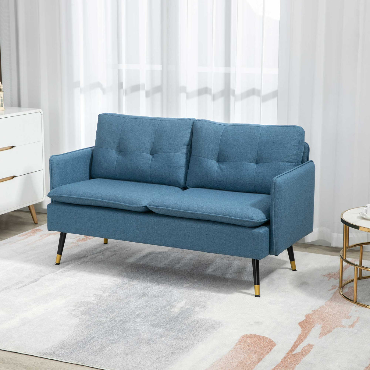 easycomfort easycomfort divano 2 posti in tessuto con cuscini imbottiti e gambe in acciaio 139x68x80cm blu scuro