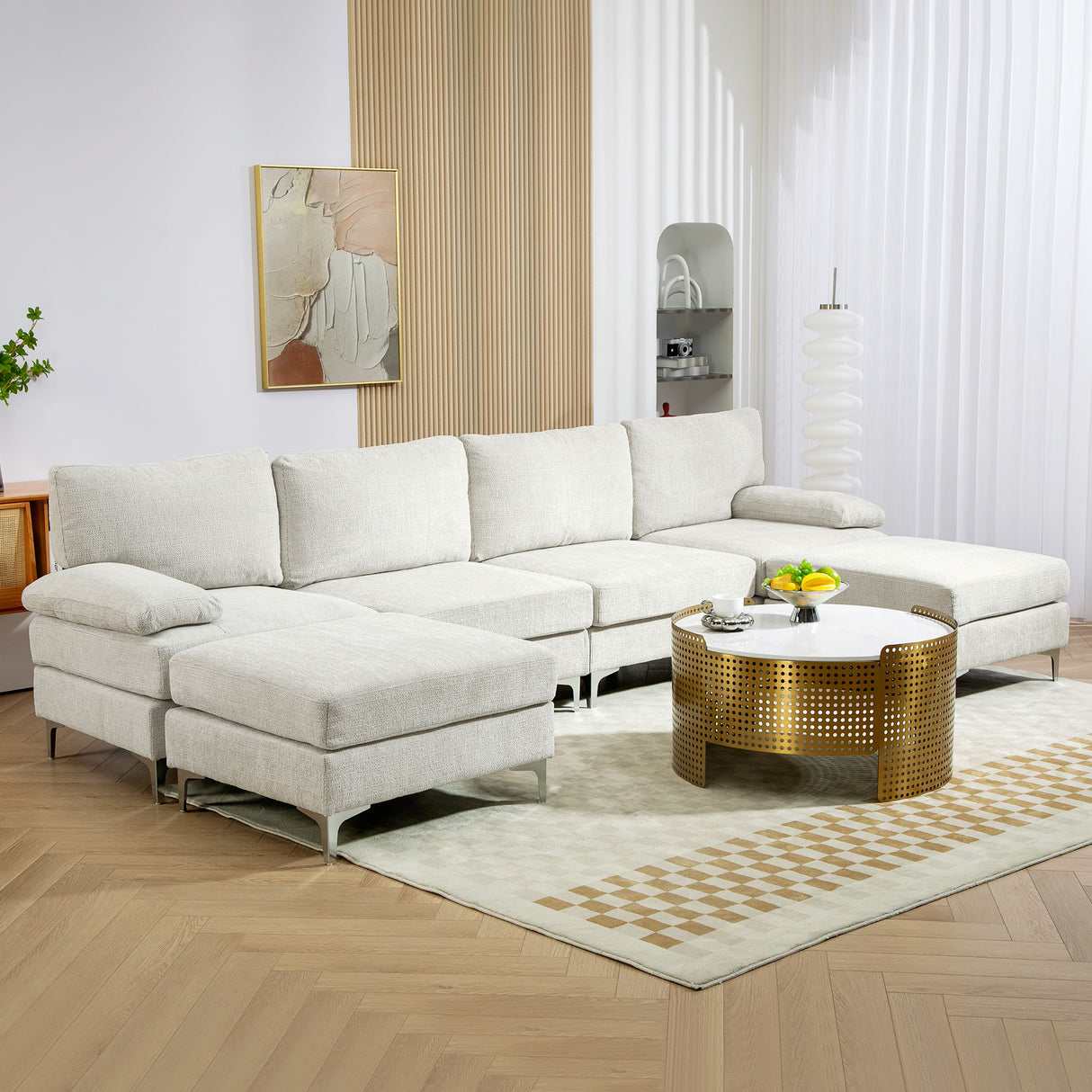 easycomfort easycomfort divano componibile 4 pezzi con poggiapiedi e cuscini in tessuto effetto ciniglia 313x149x88 cm bianco crema