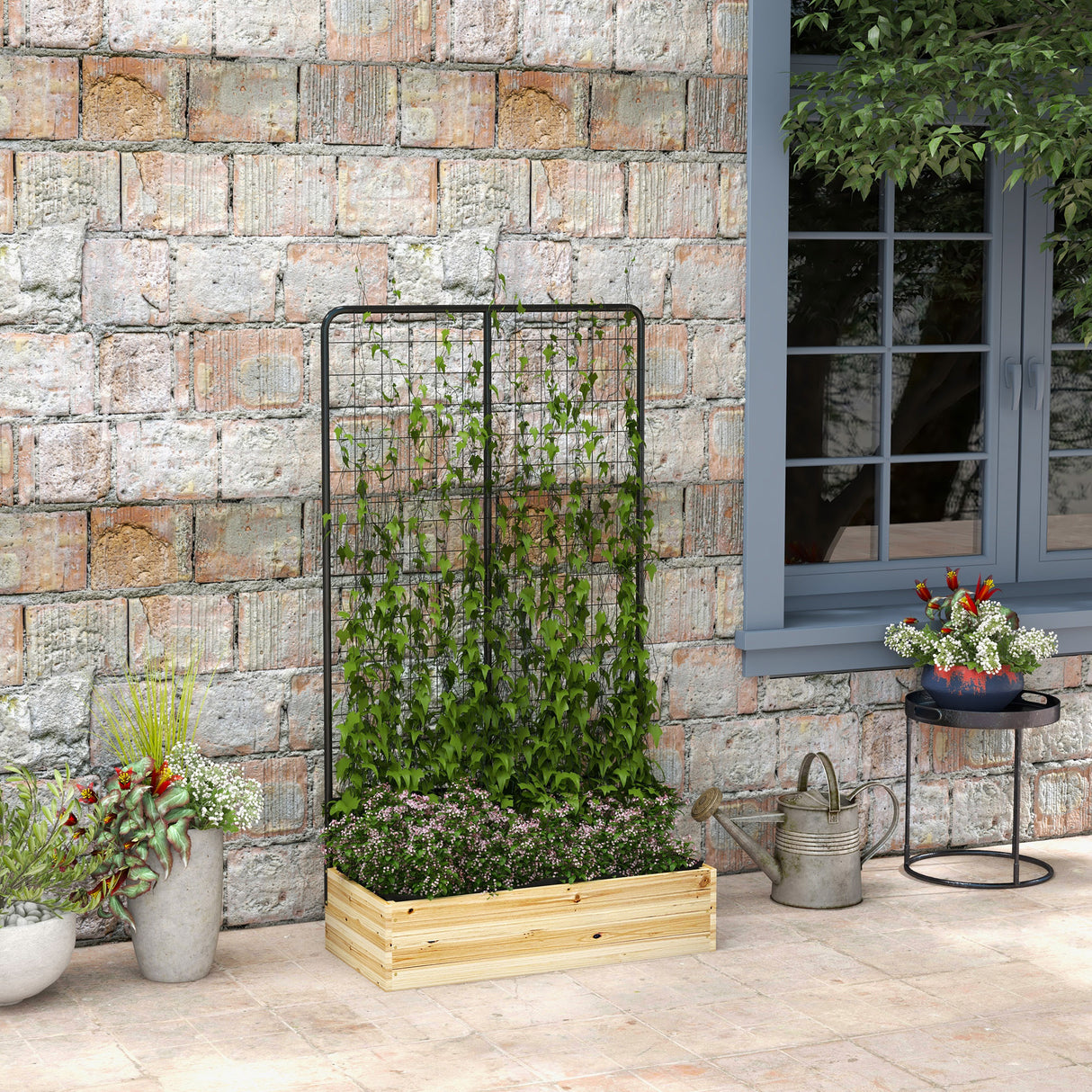 easycomfort easycomfort fioriera con grigliato e 2 fori di drenaggio in legno di abete e acciaio 80x38x145 cm