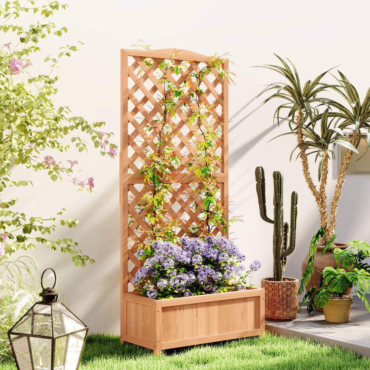 easycomfort easycomfort fioriera con traliccio per rampicanti e fondo ampio in legno di abete 76x36x170 cm marrone