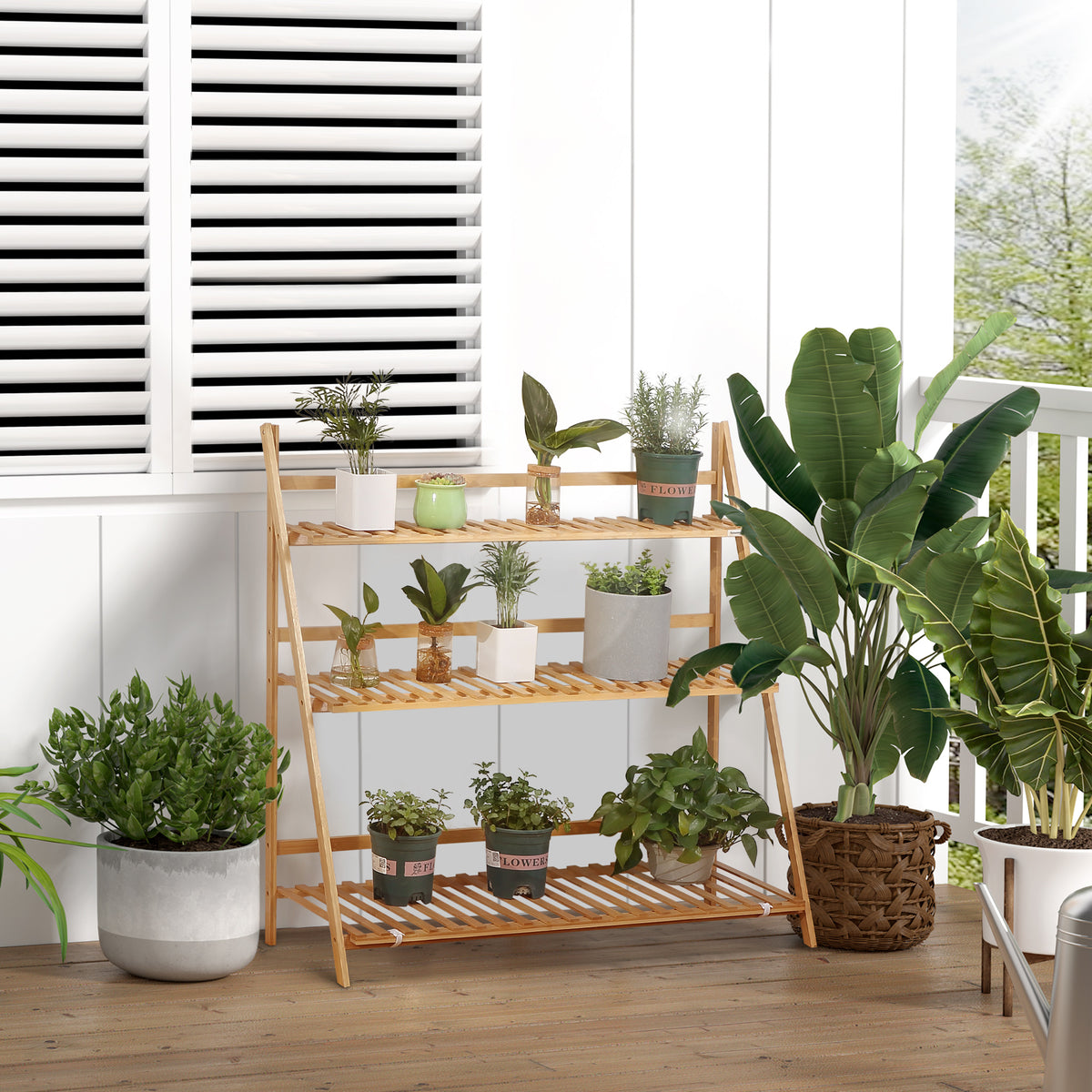 easycomfort easycomfort fioriera da esterno a 3 livelli in bambu con design rialzato e pieghevole 98x37x96 5 cm color legno