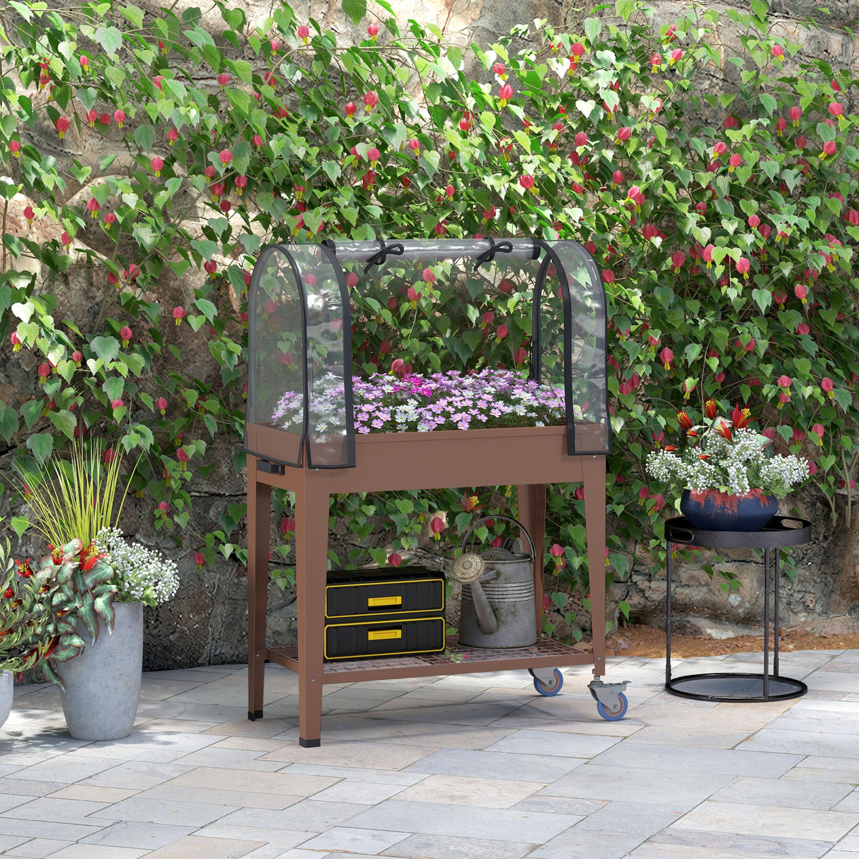 easycomfort easycomfort fioriera rialzata con mini serra per piante ruote e ripiano 80x40x120cm marrone