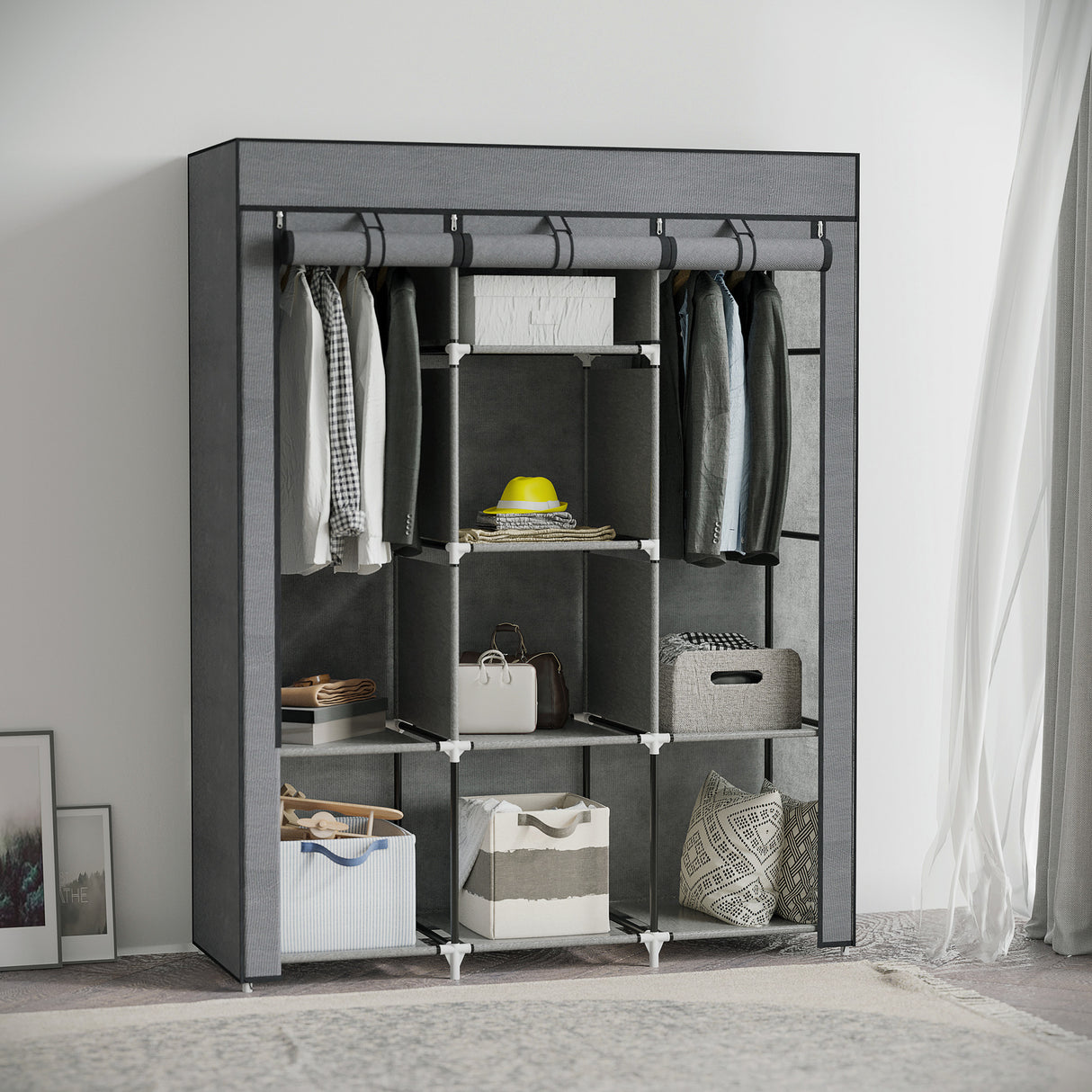 easycomfort easycomfort guardaroba in tessuto non tessuto e acciaio con 8 ripiani e 2 barre 125x43x162 5 cm grigio carbone
