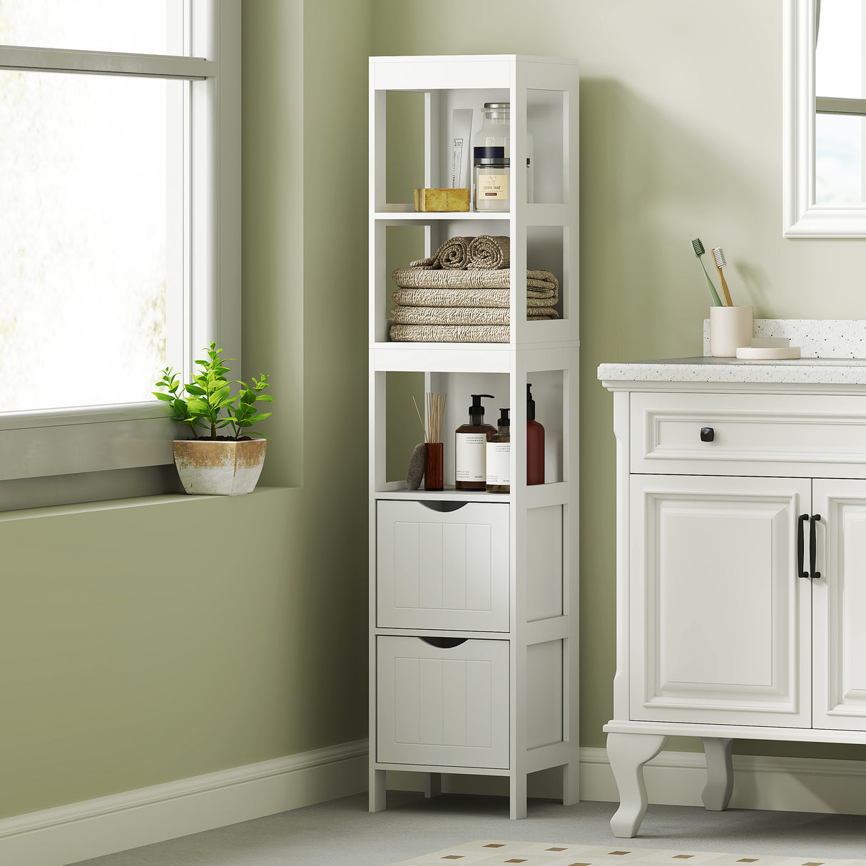 easycomfort easycomfort mobile bagno con 3 ripiani aperti e 2 cassetti in legno 30x30x141 2 cm bianco