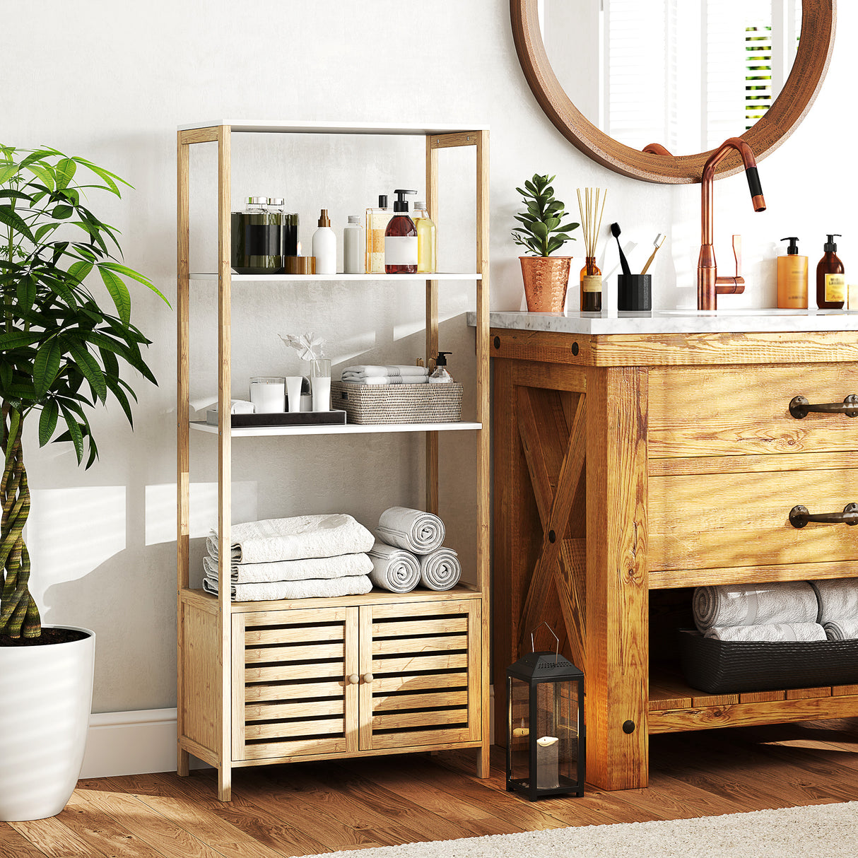 easycomfort easycomfort mobile bagno in bambu con 3 ripiani e armadietto inferiore 63x30x138 cm color legno e bianco