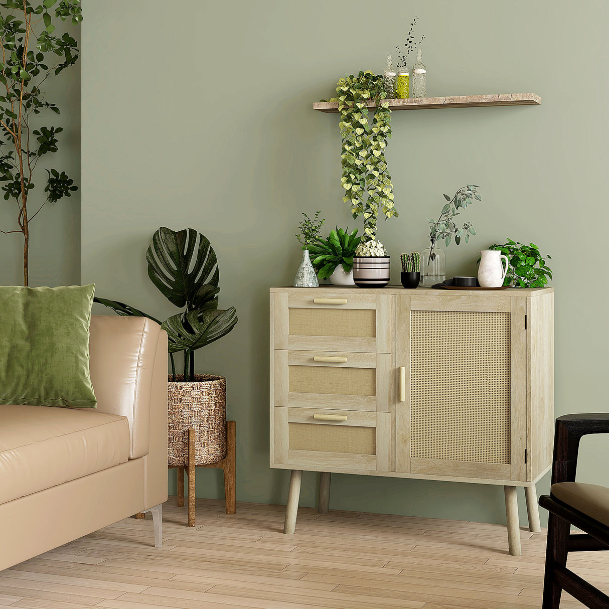 easycomfort easycomfort mobile multiuso stile boho con armadietto e 3 cassetti in legno e rattan 80x36x75cm rovere