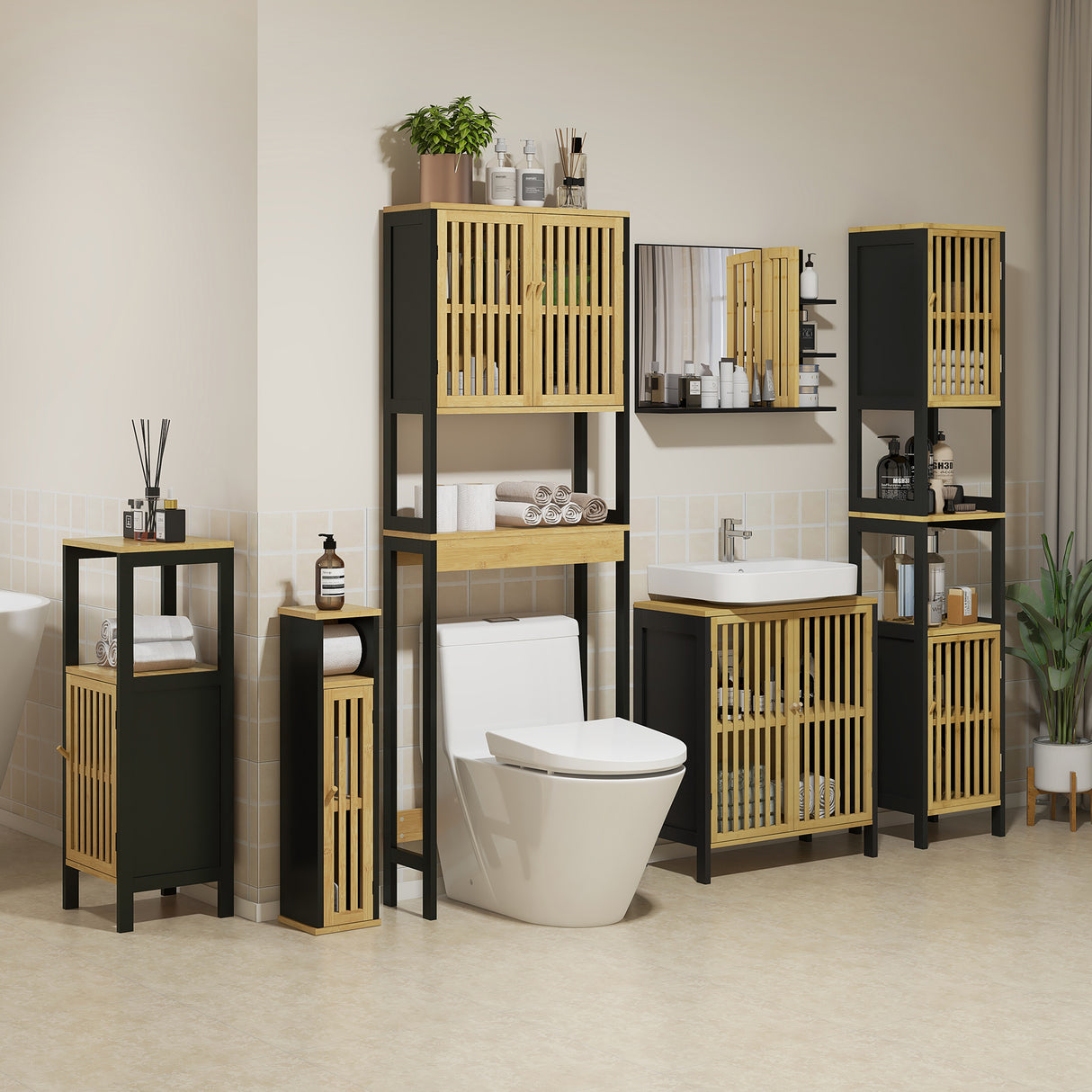 easycomfort easycomfort mobiletto bagno a doghe con 2 ripiani aperti e 2 armadietti in mdf e bambu 32x30x172 cm nero e color legno