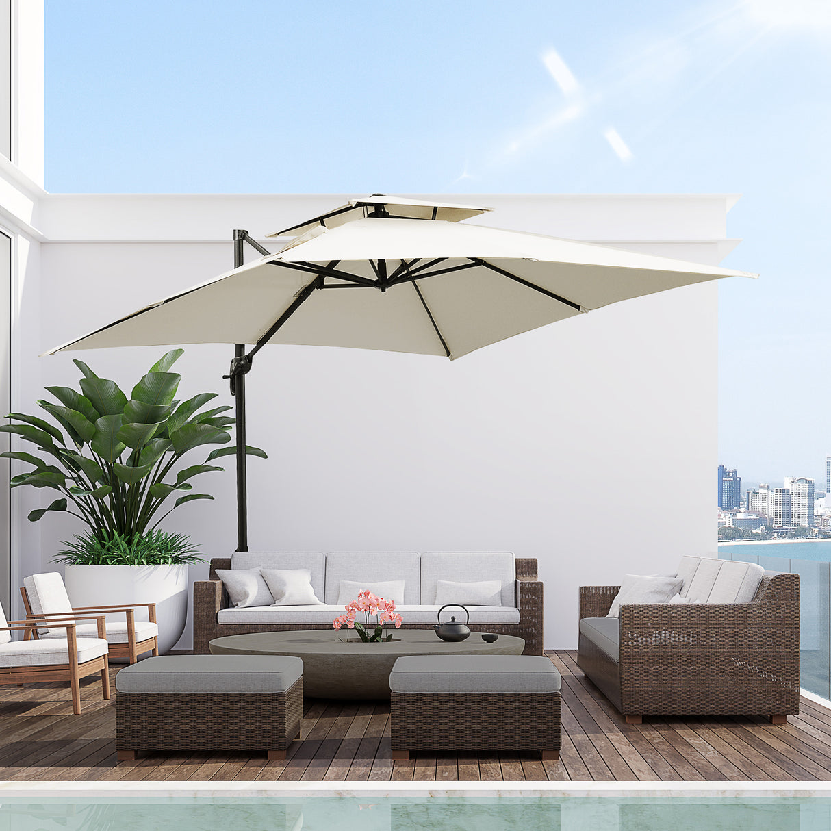 easycomfort easycomfort ombrellone a sbalzo a doppia copertura con manovella base a croce e pesi 268x268x265 cm beige