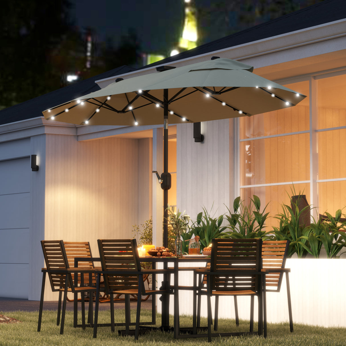 easycomfort easycomfort ombrellone doppio con luci led e base a croce in poliestere e acciaio 295x150x219 cm bianco crema