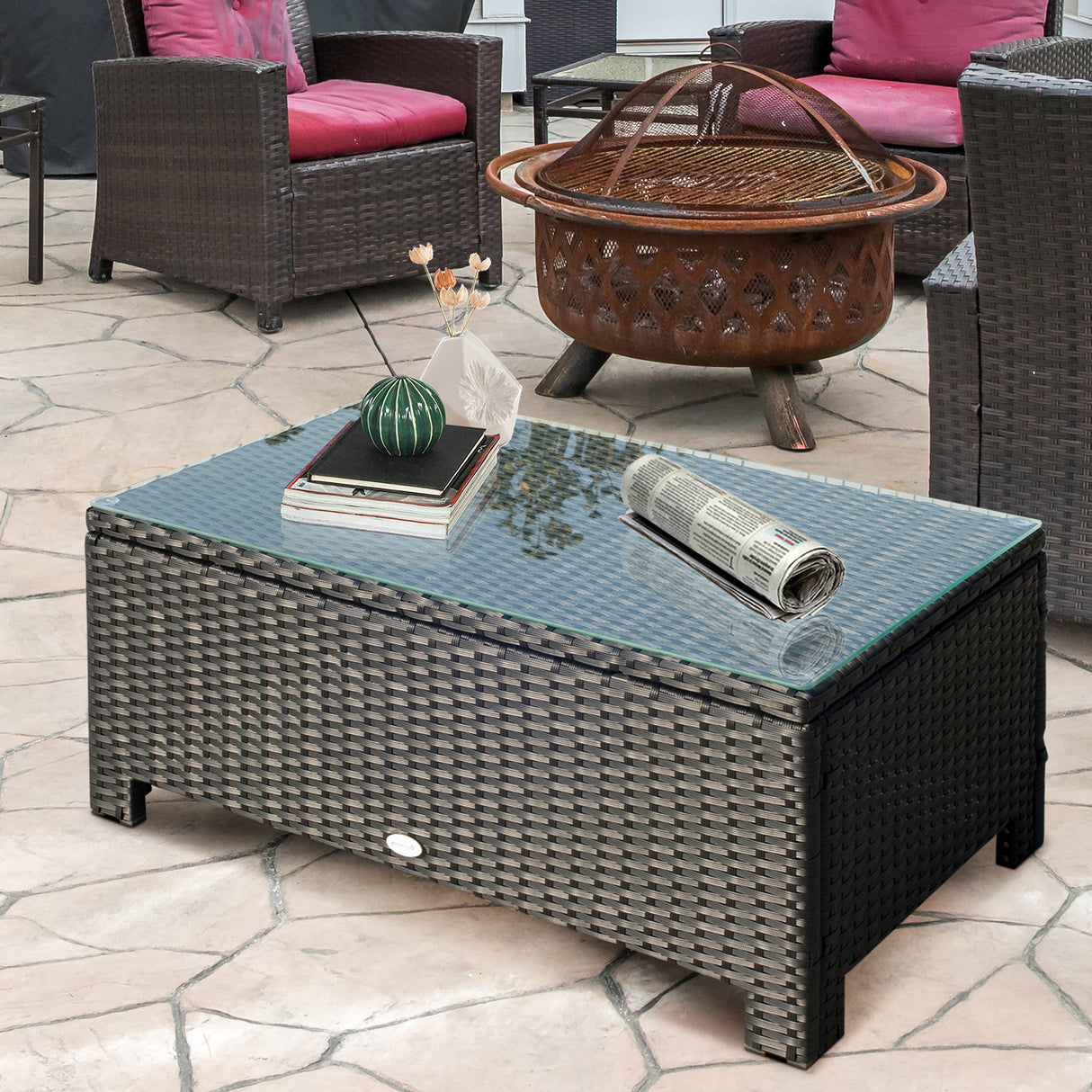 easycomfort easycomfort ousunny tavolino da esterni in rattan pe con piano in vetro temperato 85x50x39cm nero