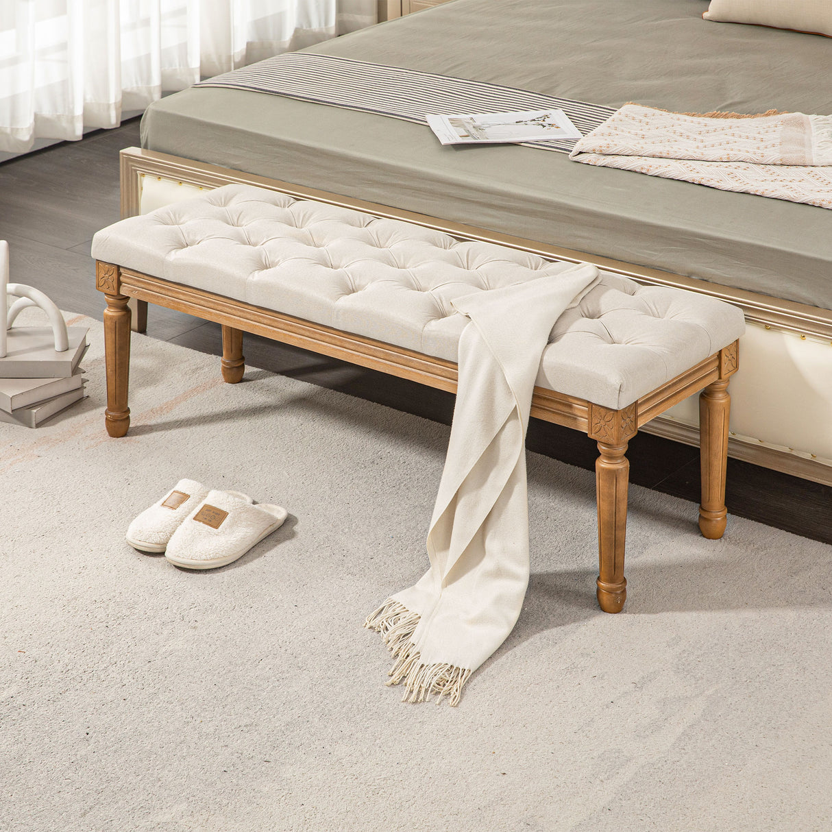 easycomfort easycomfort panca fondoletto imbottita con seduta trapuntata a bottoni in tessuto e legno 120x41x48cm crema