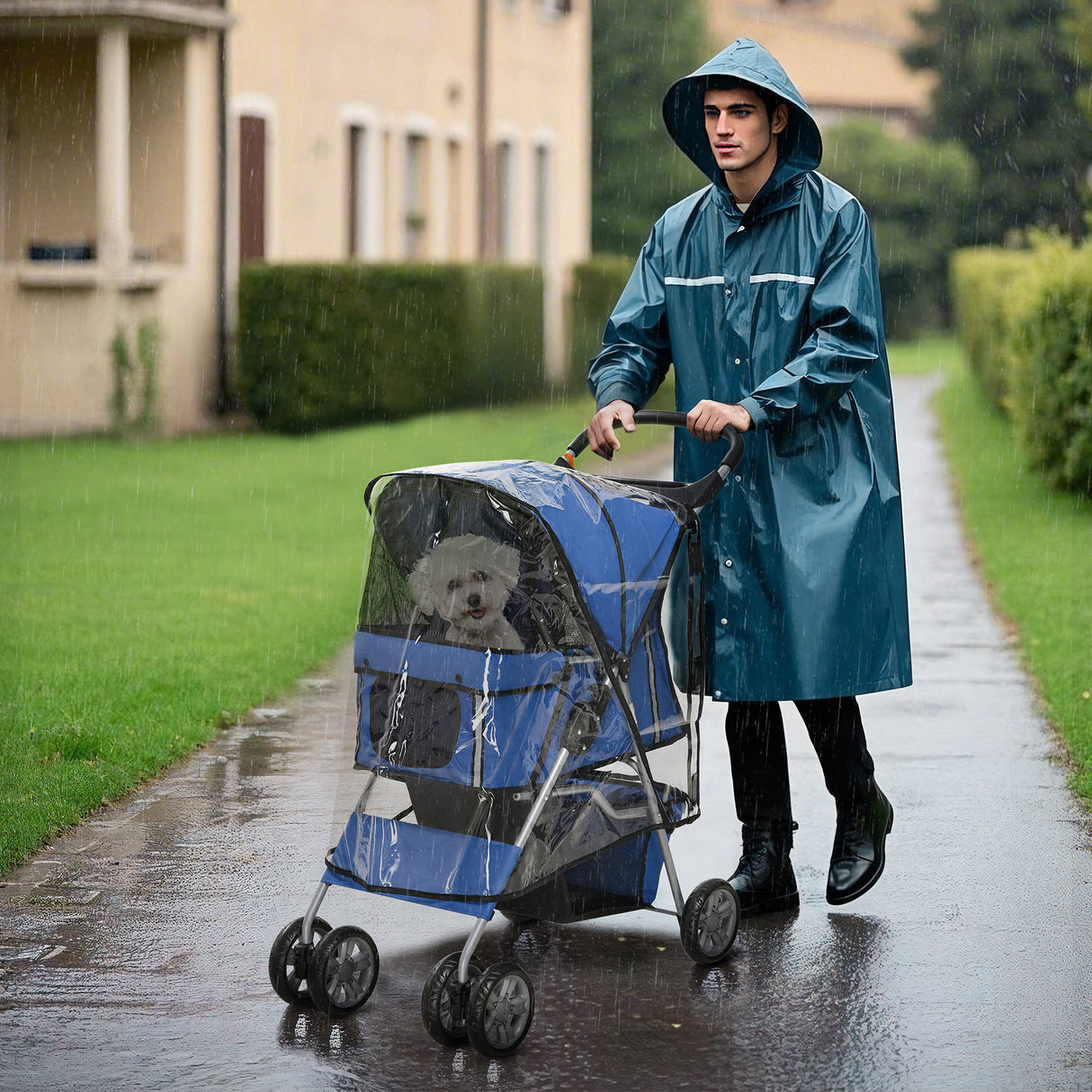 easycomfort easycomfort passeggino per cani piccoli pieghevole con copertura antipioggia ruote girevoli e con freni blu