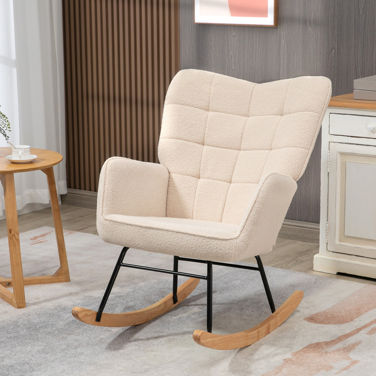 easycomfort easycomfort poltrona a dondolo imbottita in legno e acciaio per soggiorno e camera da letto 71x98x101 cm beige