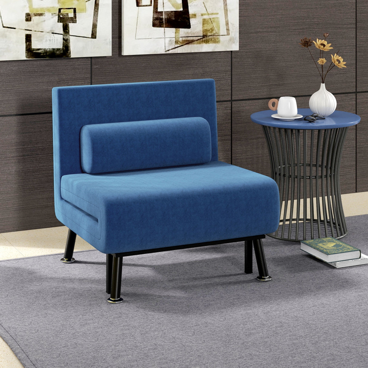 easycomfort easycomfort poltrona letto con schienale regolabile in 5 posizioni in tessuto effetto lino e acciaio 75x70x75 cm blu scuro