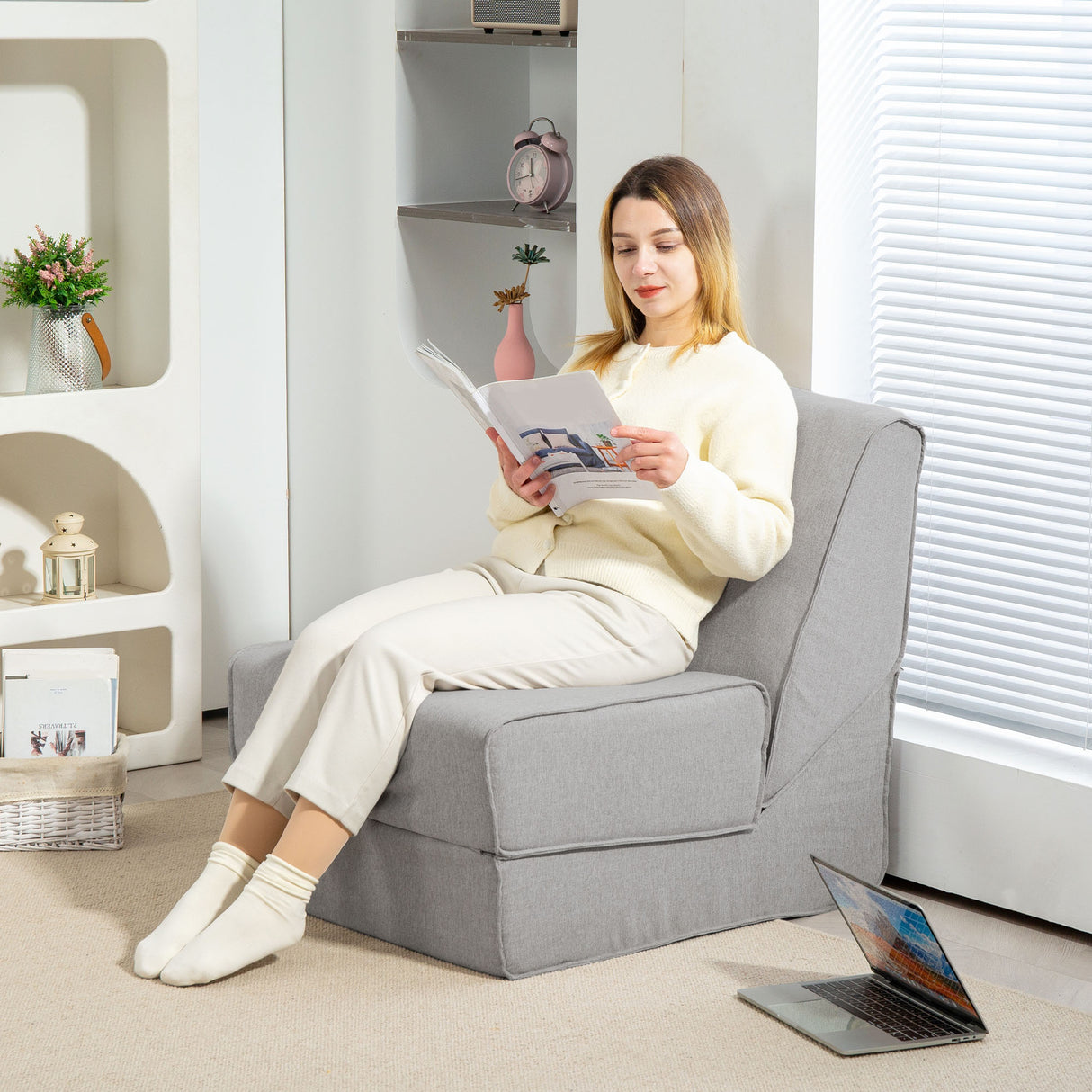 easycomfort easycomfort poltrona moderna da pavimento convertibile in chaise longue in tessuto grigio chiaro