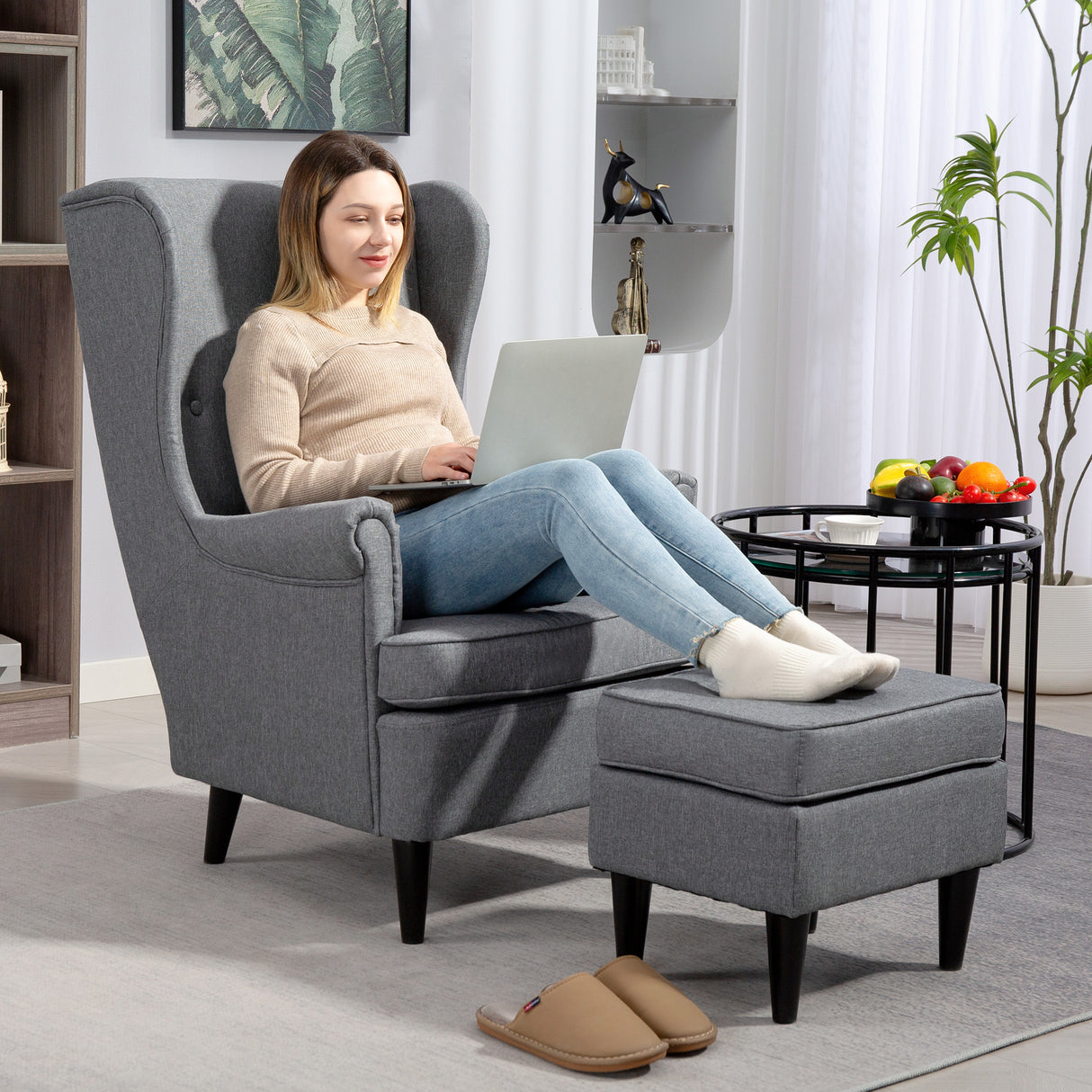 easycomfort easycomfort poltrona per salotto in tessuto con pouf poggiapiedi schienale alto e cuscino 75x83x104 cm grigio