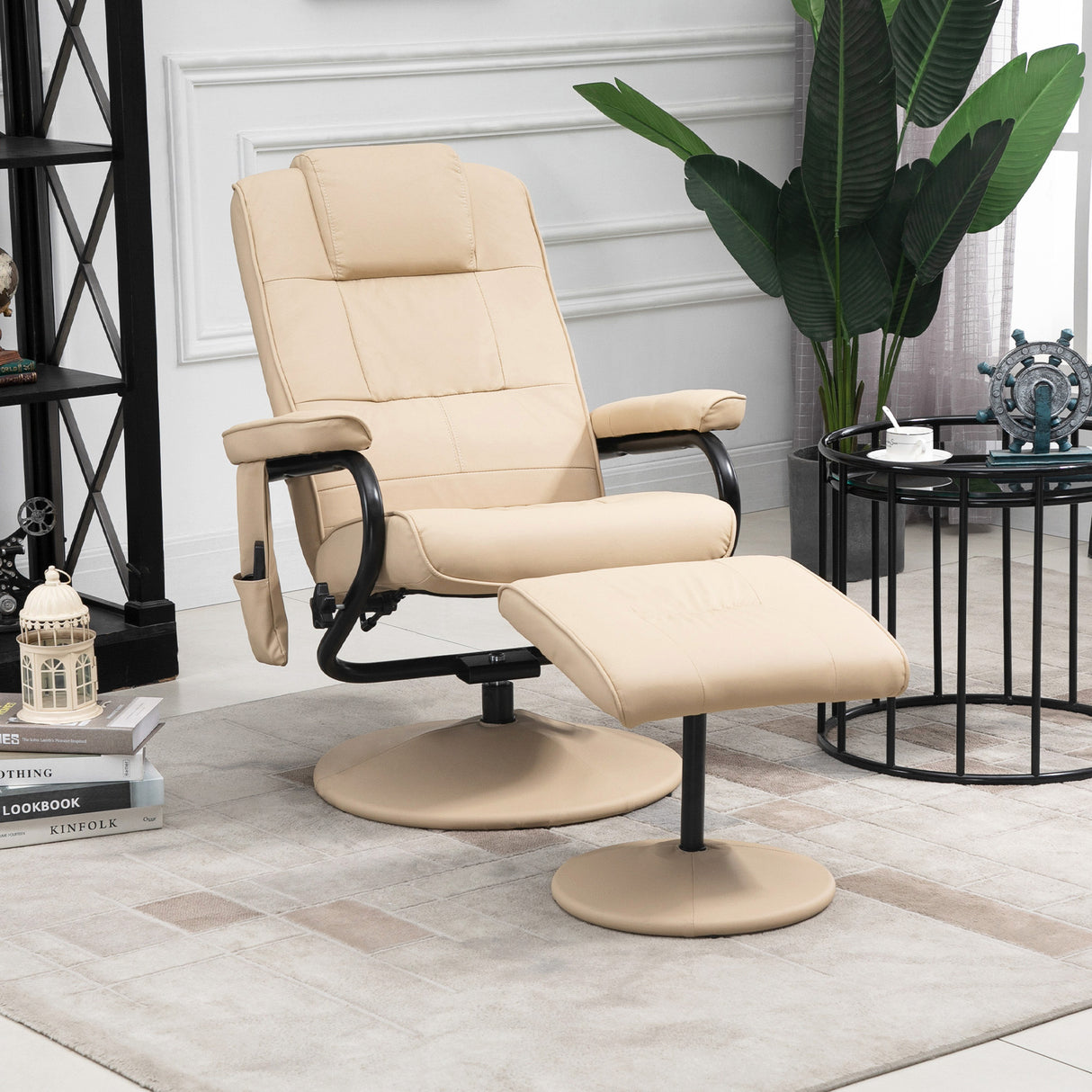 easycomfort easycomfort poltrona relax con pouf poggiapiedi reclinabile a 145 con 10 punti massaggio e telecomando in finta pelle crema