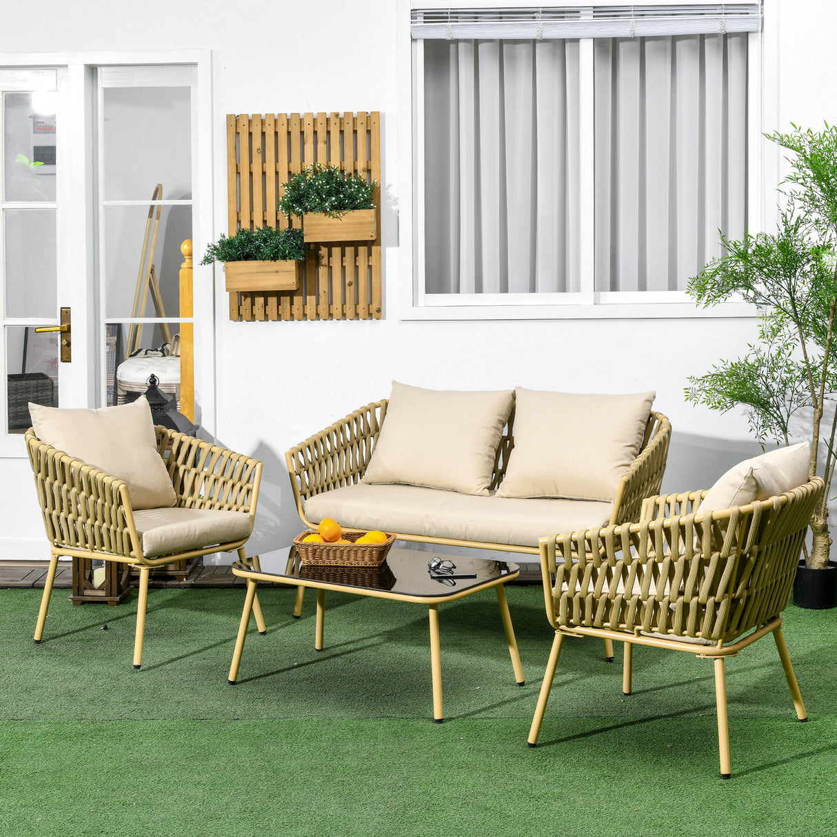 easycomfort easycomfort salotto da esterno con divano 2 posti 2 poltrone con cuscini e tavolino in vetro