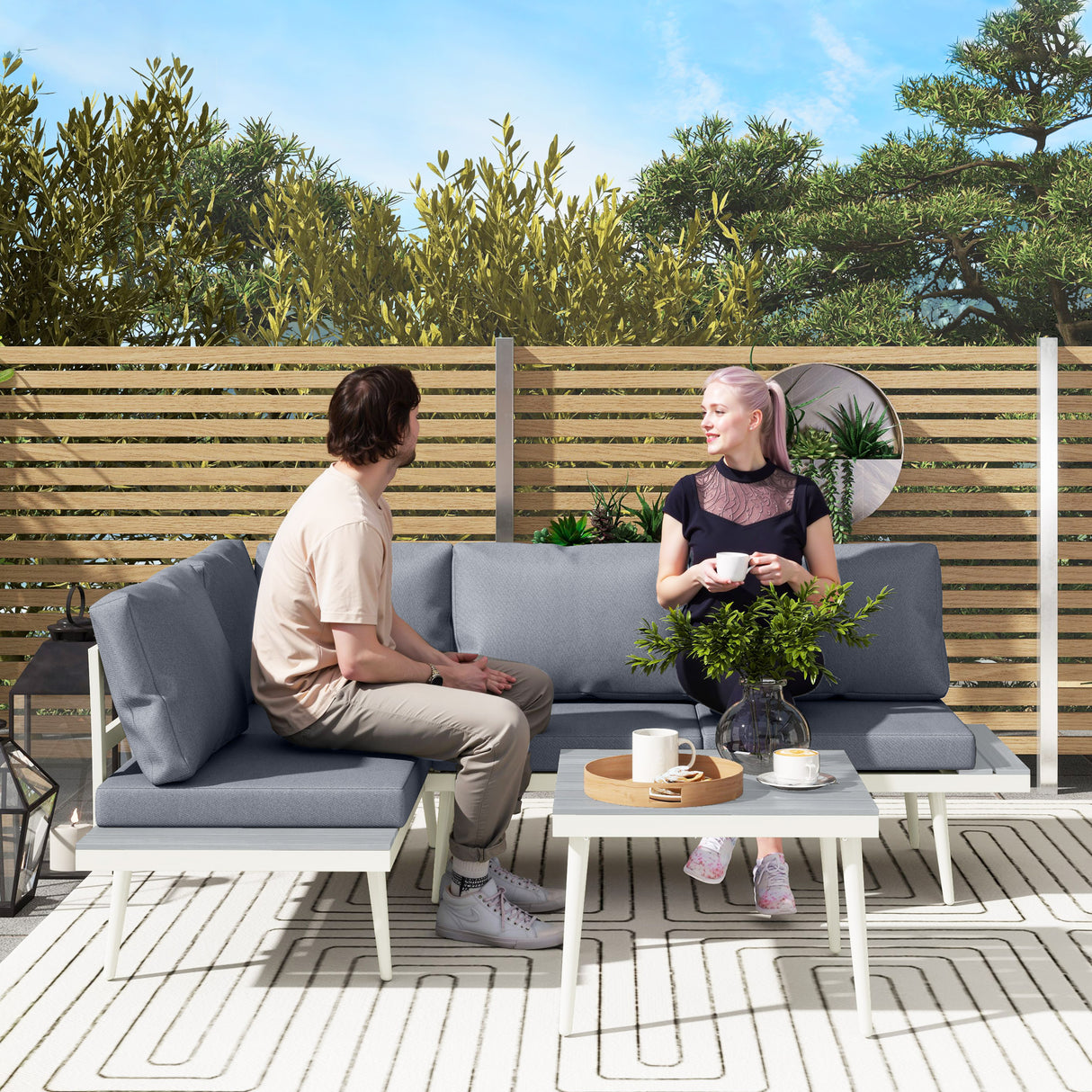 easycomfort easycomfort salotto da giardino con 2 divani con cuscini schienale regolabile a 5 livelli e tavolino a doghe grigio