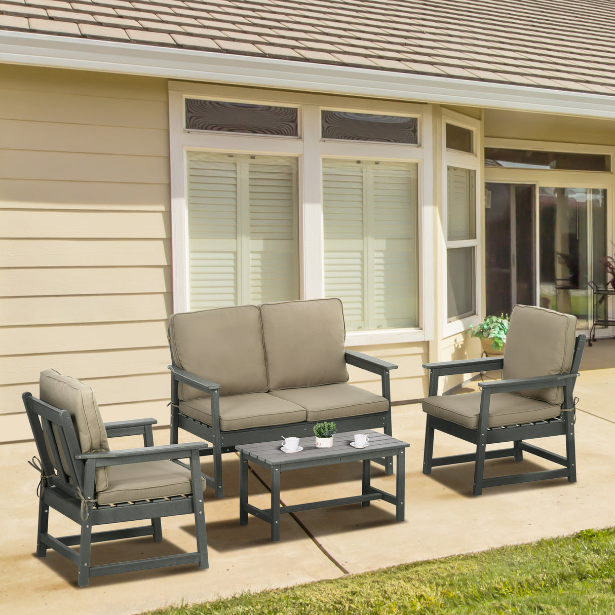 easycomfort easycomfort salotto da giardino con divanetto 2 poltrone e tavolino in hdpe con cuscini grigio scuro