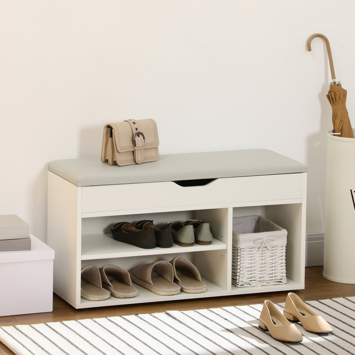 easycomfort easycomfort scarpiera salvaspazio da ingresso imbottita mobile da ingresso con scarpiera con 3 scomparti seduta in pelle pu per soggiorno e corridoio 80x30x43 cm bianco ean 8054111849661