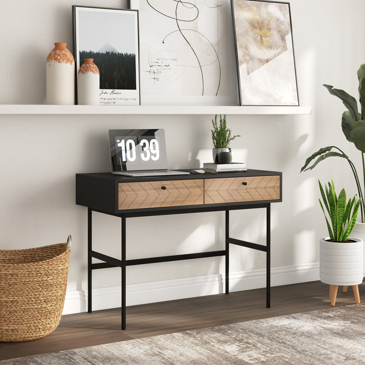 easycomfort easycomfort scrivania da ufficio moderna con 2 cassetti in acciaio e mdf 106x50x77 cm nero e rovere