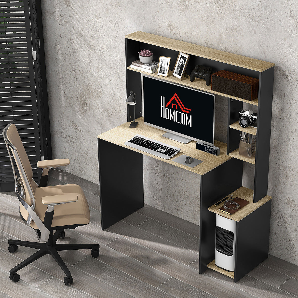 easycomfort easycomfort scrivania moderna con ripiani e supporto per cpu in legno 114x45x138cm grigio e legno naturale