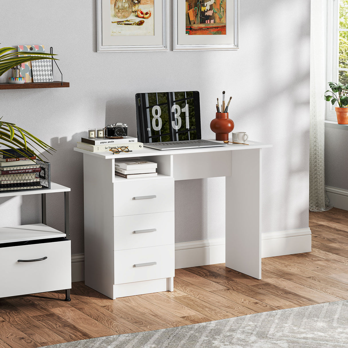 easycomfort easycomfort scrivania moderna in legno con 3 cassetti e ripiano aperto 100x40x75 cm bianca e marrone