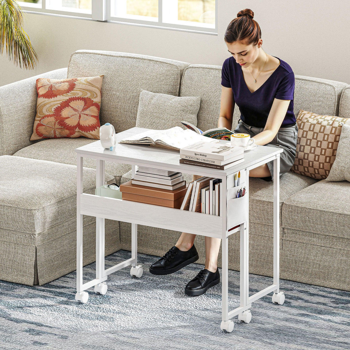 easycomfort easycomfort scrivania pieghevole salvaspazio a ribalta con scaffale tasca portaoggetti e ruote bianco