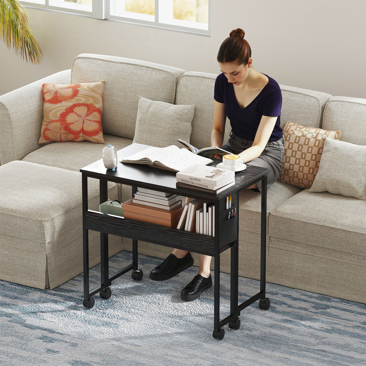 easycomfort easycomfort scrivania pieghevole salvaspazio a ribalta con scaffale tasca portaoggetti e ruote nero