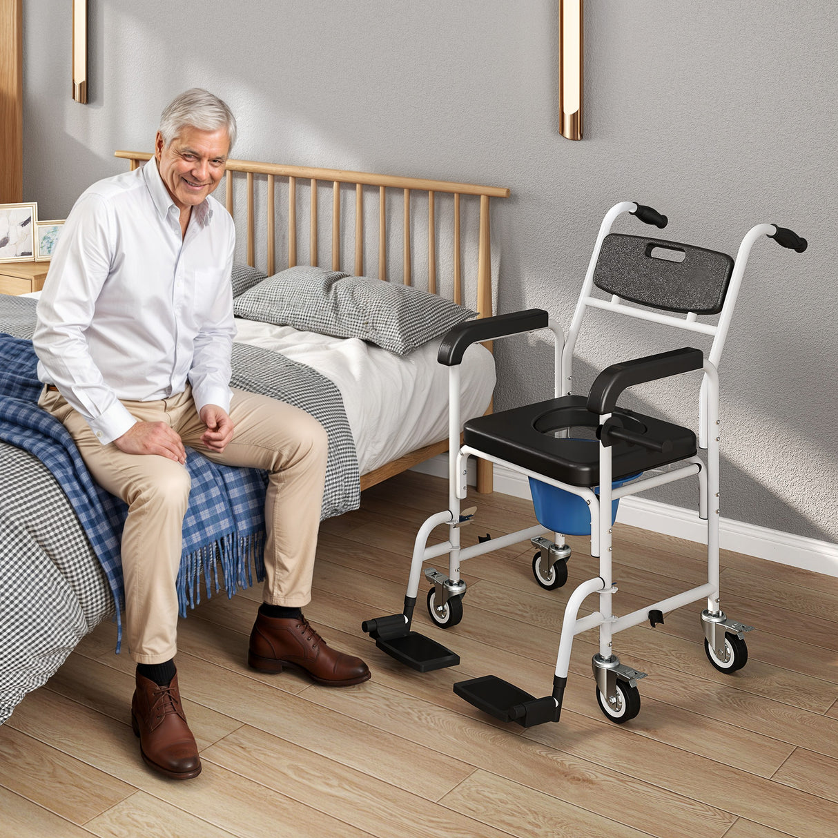 easycomfort easycomfort sedia a rotelle con wc impermeabile 4 in 1 con poggiapiedi ribaltabili in alluminio e plastica nero