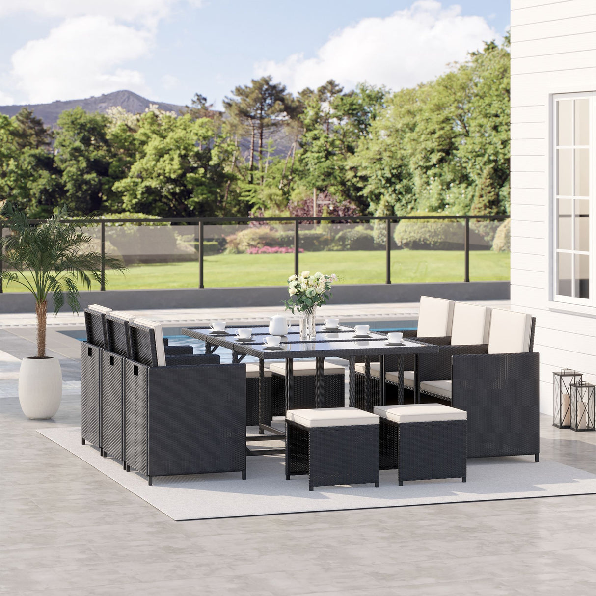 easycomfort easycomfort set 11 pz mobili da giardino in rattan da esterno con tavolo in vetro temperato e cuscini set da pranzo nero