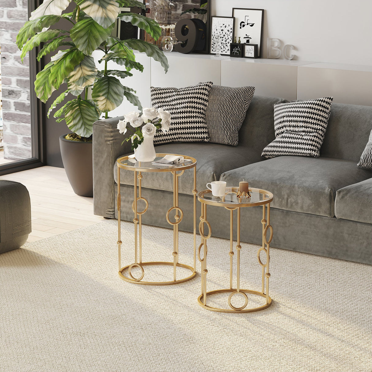 easycomfort easycomfort set 2 pezzi tavolini da caffe design elegante con motivi a cerchio metallo e vetro temperato 41x57cm 36x51cm oro ean 8055776910697