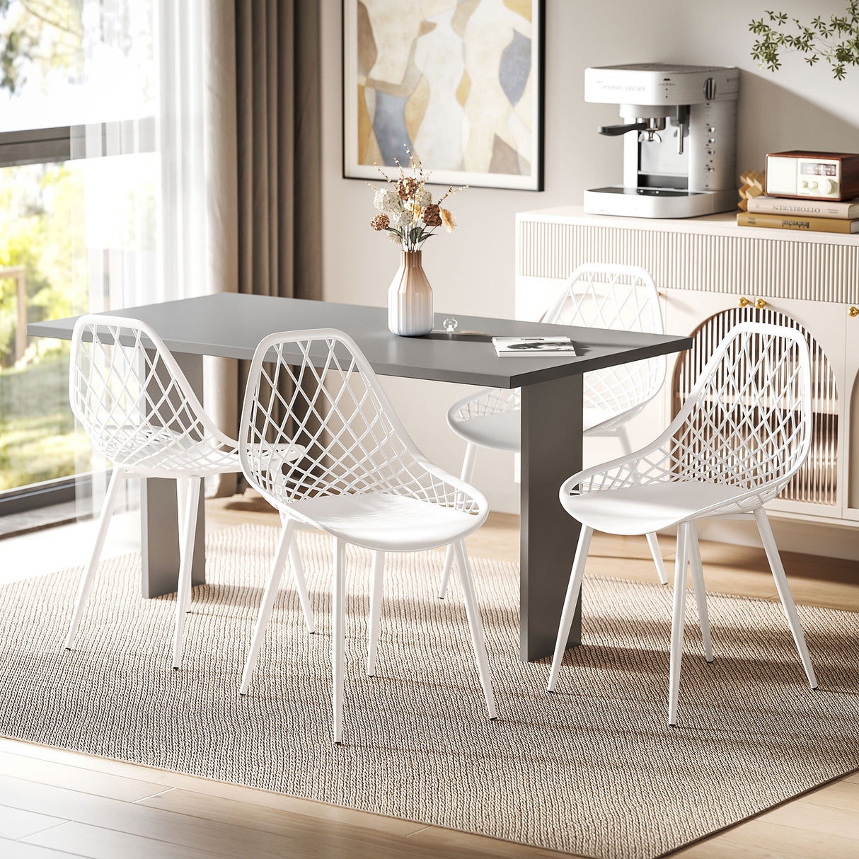 easycomfort easycomfort set 4 sedie da pranzo moderne con schienale traforato in plastica e gambe in metallo bianco