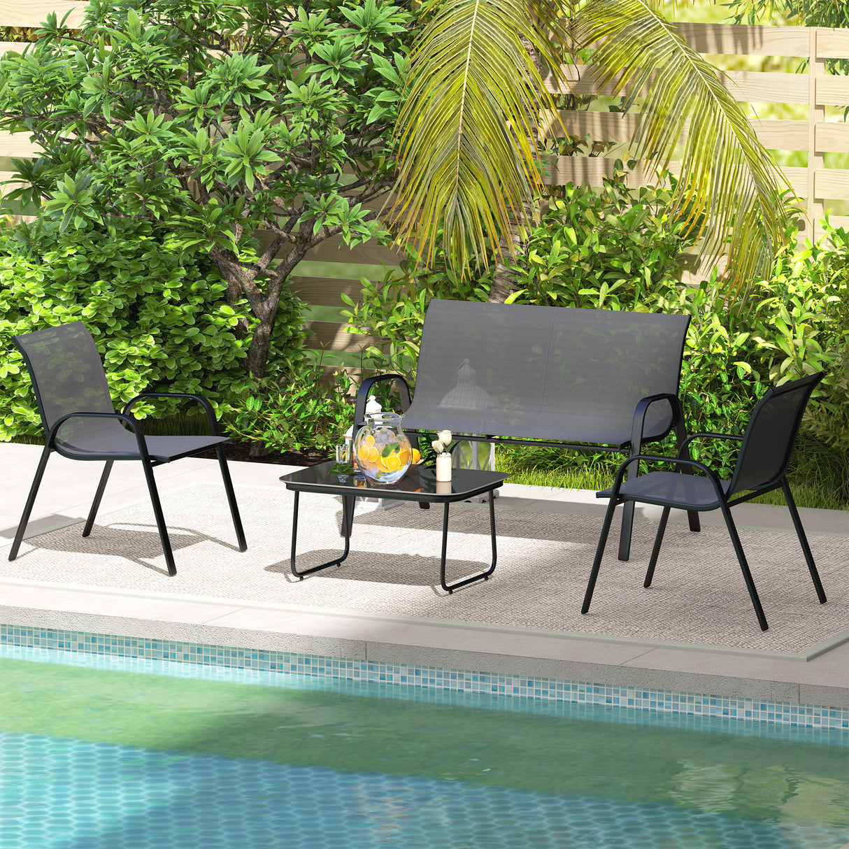 easycomfort easycomfort set da giardino con divano 2 posti 2 poltrone impilabili e tavolino in vetro nero