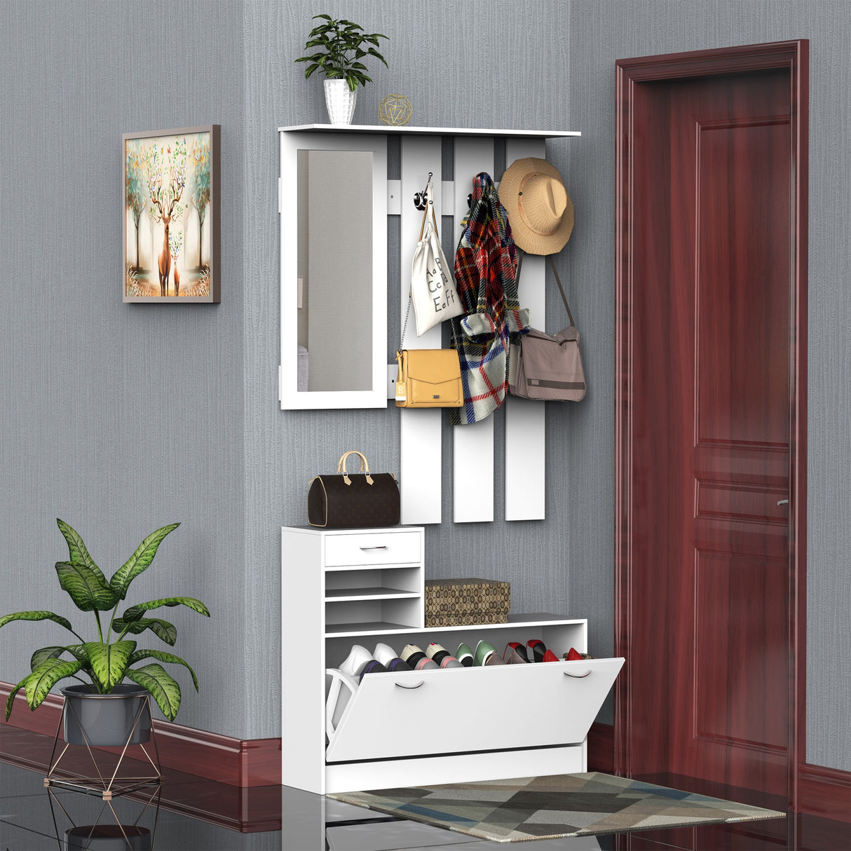 easycomfort easycomfort set mobili ingresso moderno con scarpiera e specchio appendiabiti da ingresso con 6 ganci 2 ripiani regolabili e cassetti in legno per corridoio 90x24x177 cm bianco ean 8054111846370