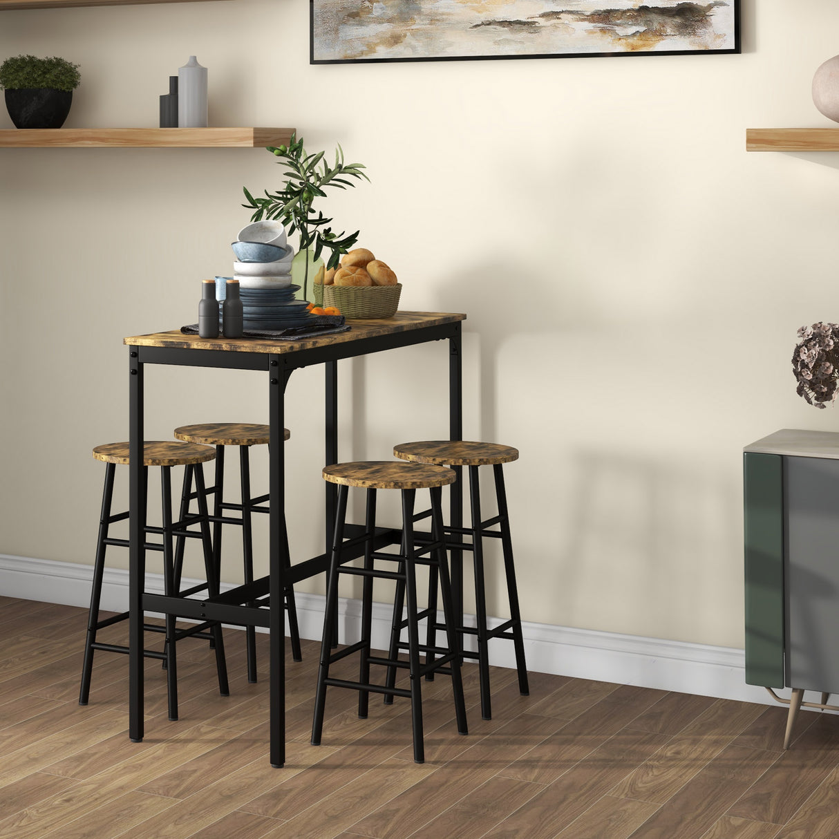 easycomfort easycomfort set tavolo e sedie 5 pezzi con 4 sgabelli con poggiapiedi e tavolo rettangolare nero e marrone
