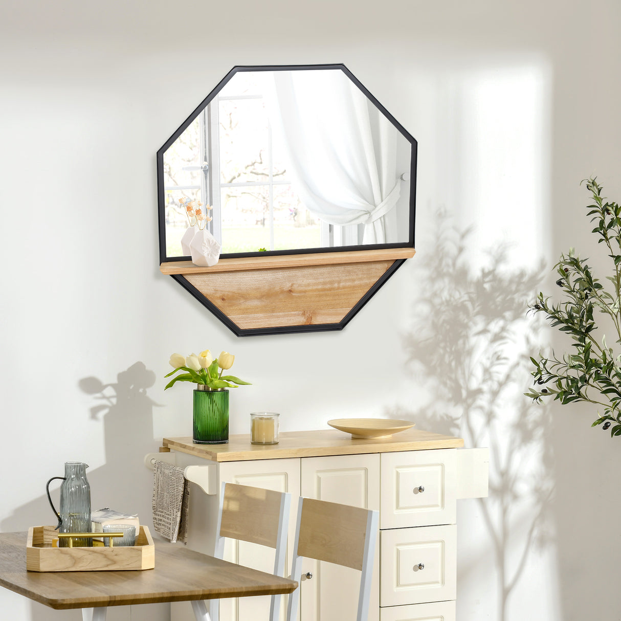 easycomfort easycomfort specchio da parete ottagonale in metallo con mensola in legno 61x61cm nero