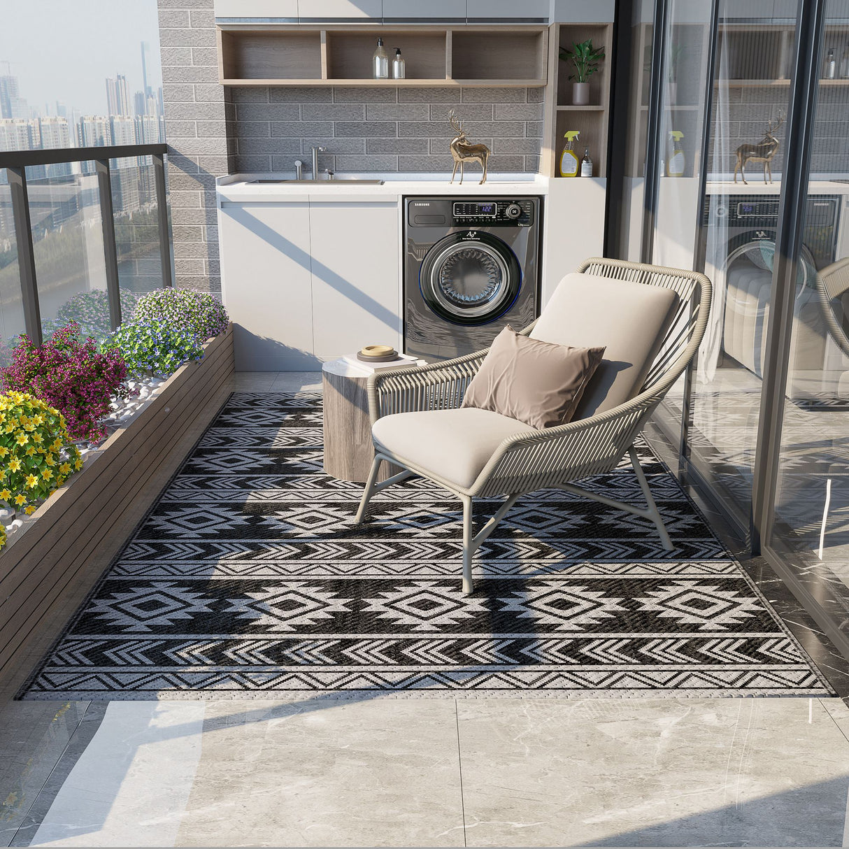easycomfort easycomfort tappeto moderno per esterni nero e grigio in pp con design reversibile e pieghevole 182x274 cm