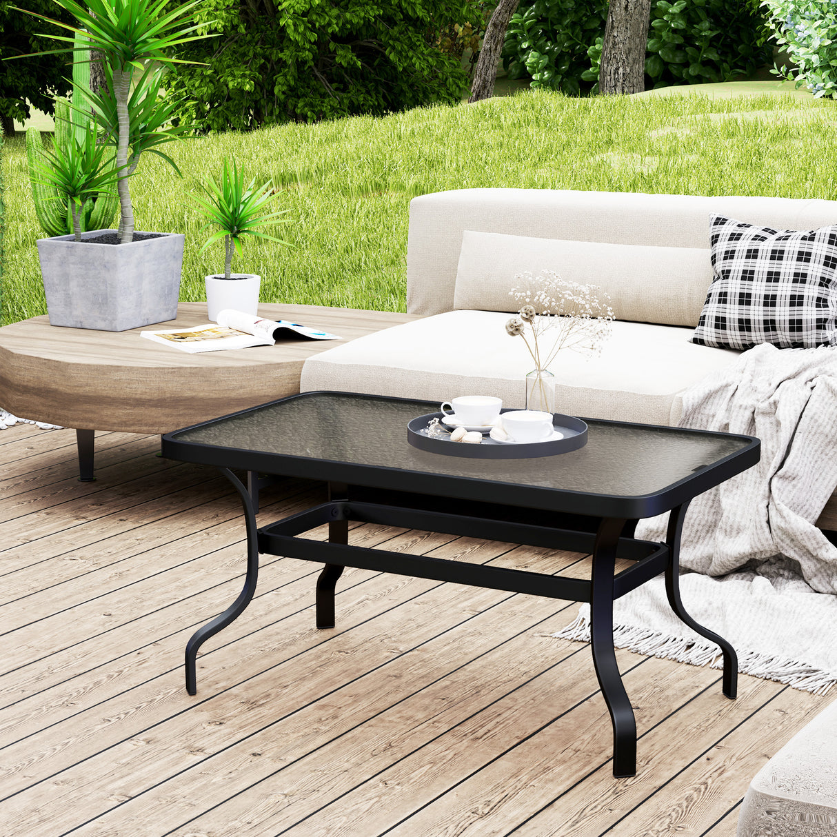 easycomfort easycomfort tavolino da esterno rettangolare in metallo nero con piano in vetro temperato 95x55x46 cm