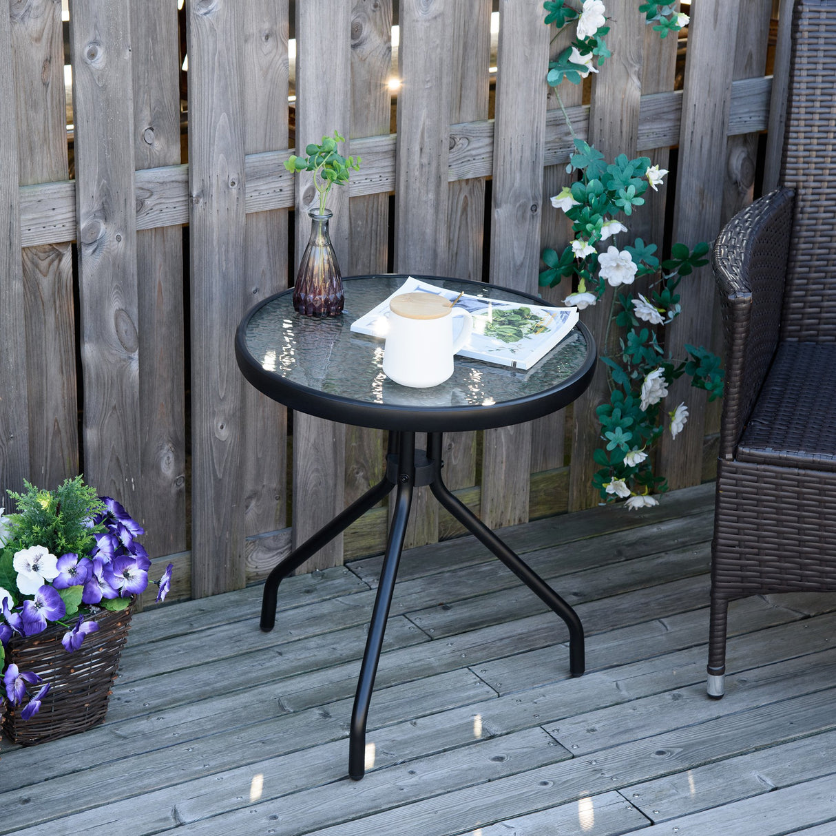 easycomfort easycomfort tavolino da giardino rotondo con ripiano in vetro e struttura in metallo 50x55cm nero