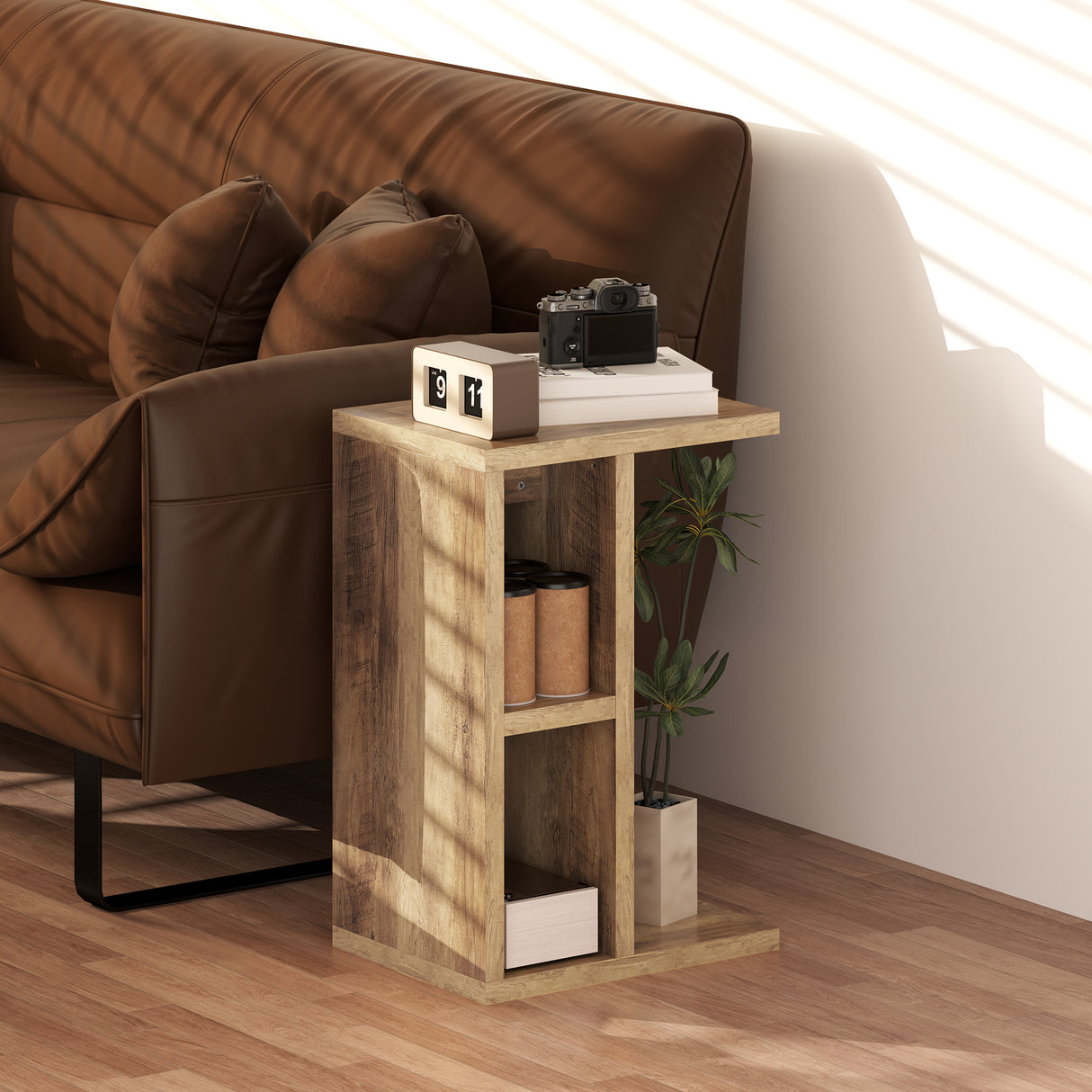 easycomfort easycomfort tavolino da salotto a c con 3 ripiani e 2 scomparti aperti salvaspazio 40x30x60 cm marrone