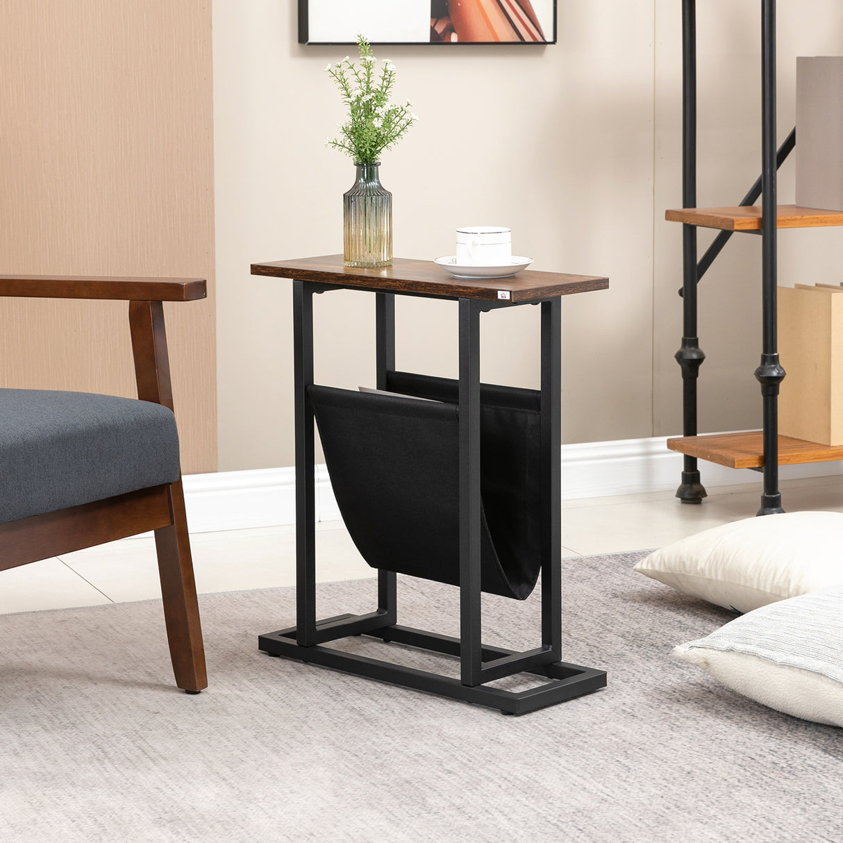 easycomfort easycomfort tavolino da salotto in truciolato e acciaio con borsa portaoggetti in tessuto oxford 49x19x55 cm marrone e nero