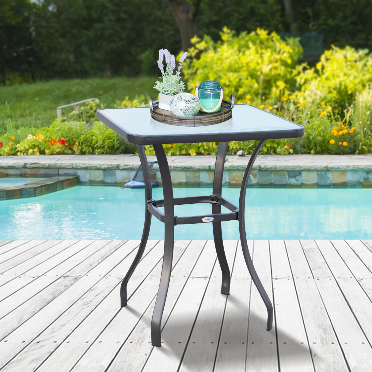 easycomfort easycomfort tavolino moderno piano in vetro temperato tavolo da giardino esterno metallo 68 5x68 5x84cm grigio