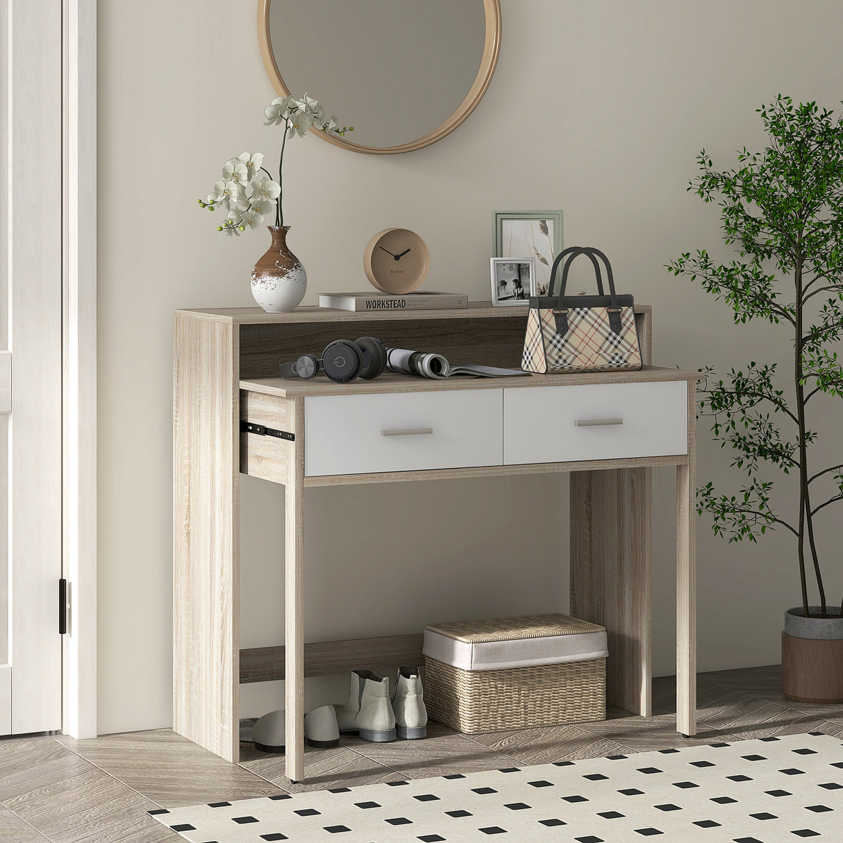 easycomfort easycomfort tavolo consolle a 2 livelli con piano estraibile e 2 cassetti in legno 95x35x87cm rovere