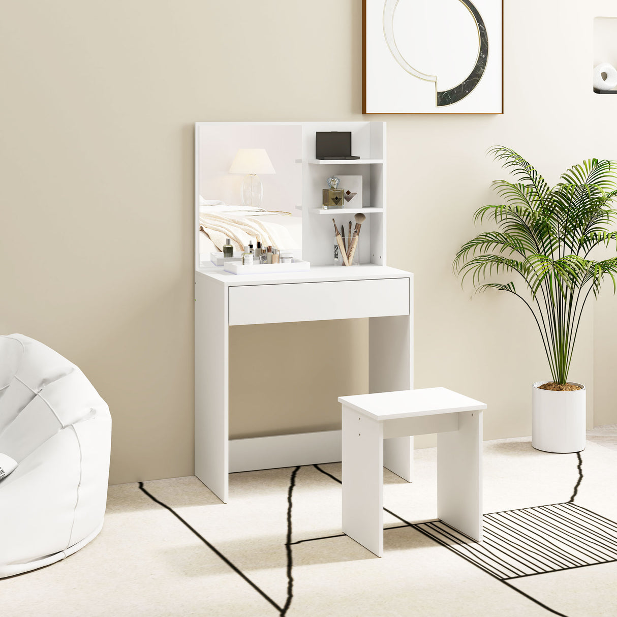 easycomfort easycomfort tavolo da trucco a 3 ripiani e cassetti con specchio e sgabello in truciolato 75x40x137 cm bianco